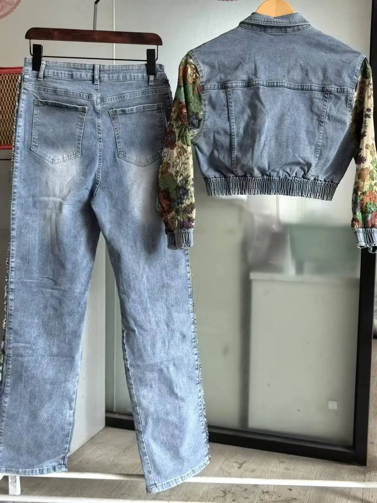 Denim Floral Patchwork Full Sleeve Button Fly Jacket and Ripped Jeans