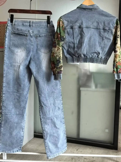 Denim Floral Patchwork Full Sleeve Button Fly Jacket and Ripped Jeans