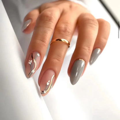 24Pcs Mid-length False Nails with Almond Head Design Brown Gold Lines Fake Nails Oval Wearable French Press on Nail Tips