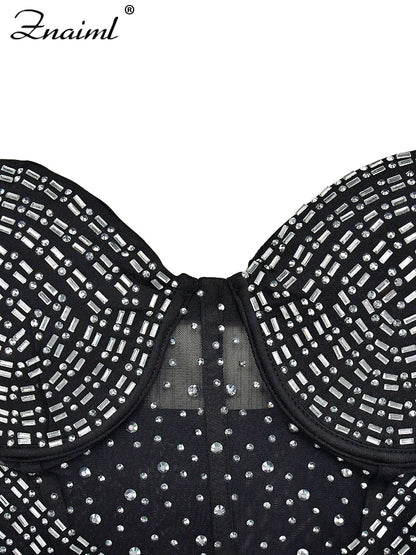 Luxury Sparkly Crystal Diamonds Mesh Sheer Spaghetti Strap Bodycon