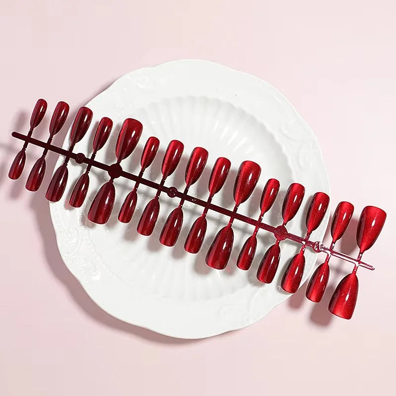 24 Pcs Medium Nails with Design Almond Red Cat Eye Stick-on