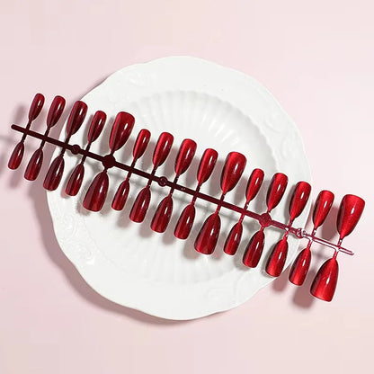 24 Pcs Medium Nails with Design Almond Red Cat Eye Stick-on