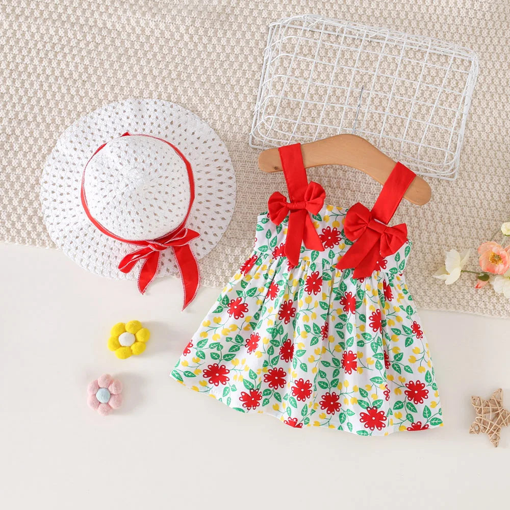 2Pcs/Set Baby Girl's Summer Camisole Dress 0-3 Years Old New Girls' Thin Style Western-Style Beach Dress With Grass Hat Included