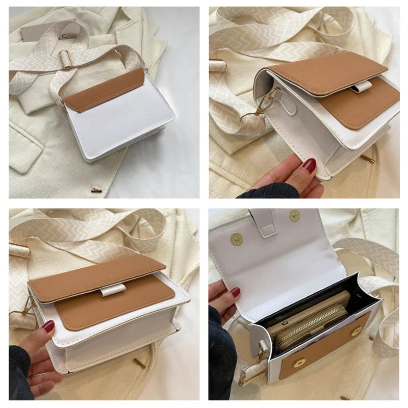 Wide Strap Crossbody Bags Square Matte Leather Shoulder Bags