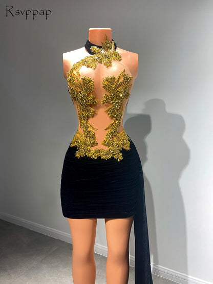 Sexy Women Cocktail Gowns High Neck Luxury Gold Crystals Velvet Mini
