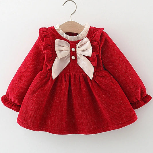 Winter Newborn Girls Clothes Korean Fashion Bow Cute Fleece Warm Thick Long Sleeve Red Baby Dress
