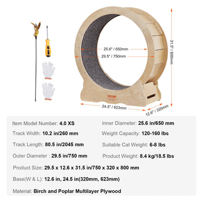 Cat Exercise Wheel Natural Wood Silent Running Toy Treadmill Roller Wheel with Detachable Carpet for Most Cats Pet Fitness