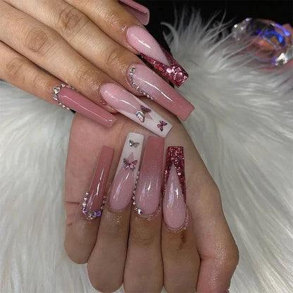 24pcs Artifical Bails With Glue Fake Nail Tips With Design Detachable Press On Nails Long Fake Nail Finished Nail Piece Sticker