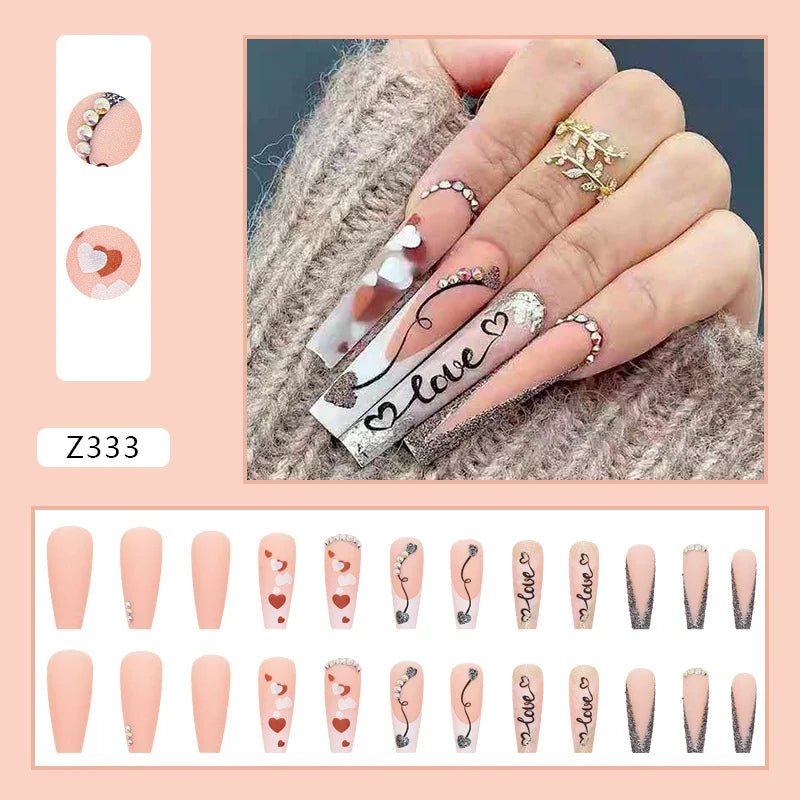 24pcs Artifical Fake Nails Long Coffin French Ballerina Wearable False Nail Tips Finished Rhinstones Flower Design Press on Nail