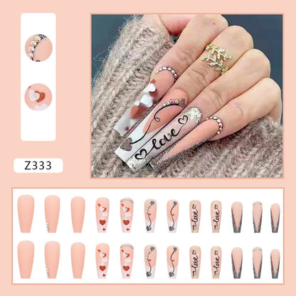 24pcs Artifical Fake Nails Long Coffin French Ballerina Wearable False Nail Tips Finished Rhinstones Flower Design Press on Nail