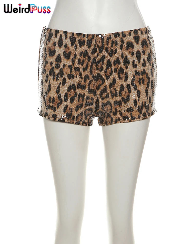 Weird Puss Sexy Sequins Shorts Women Leopard Print Patchwork Wild Skinny