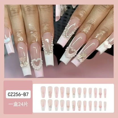 24Pcs Artifical False Nails with Glue Fake Nail Tips with Heart Designs Detachable Press on Nails XLong Finished False Nails tip