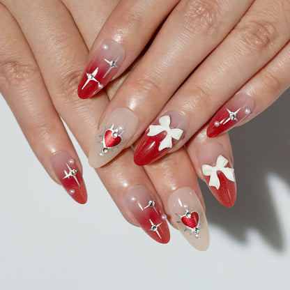 24Pcs Pink Almond French Press on Nails With 3D Bow ripple charms Design Fake Nails Ballerina False Nails Full Cover Nail Tips