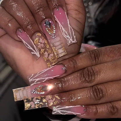 24Pcs White French False Nails Long Ballet Fake Nail with Pearl Bow Flower Design Press on Nails Pink Wearable Square Nails Set