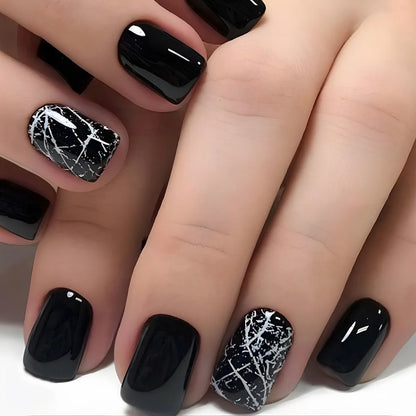 24pcs Short Square False Nails Glitter Flower Wave French Fake Nails Manicure Full Cover Detachable Nail Tips Press on Nails