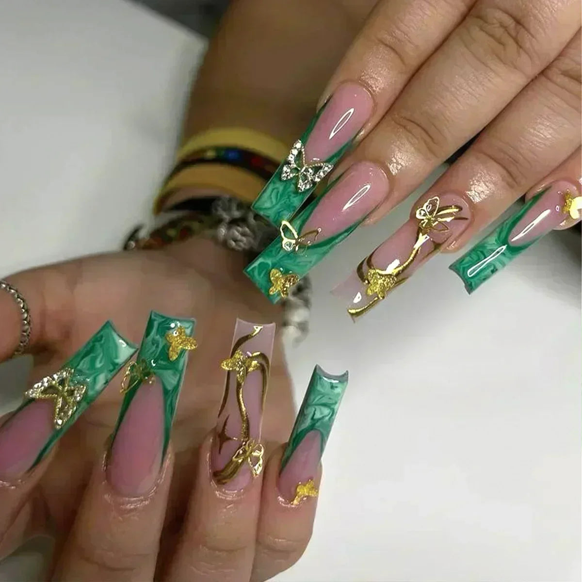 24Pcs Full Cover False Nails with Glue Long Square Coffin Fake Nails French Detachable Ballet Love Pattern Design Press on Nails