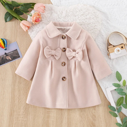 Autumn And Winter New Girls' Stylish Thick Coat With Bow Tie Long Sleeved Woolen Coat Windbreaker