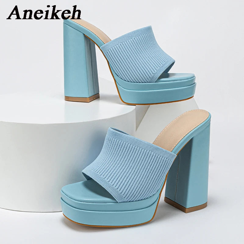 Aneikeh Sexy Knitted Woolen Chunky Platform Sandal Heels Women's Peep Toe High Heel