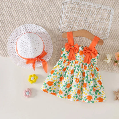 2Pcs/Set Baby Girl's Summer Camisole Dress 0-3 Years Old New Girls' Thin Style Western-Style Beach Dress With Grass Hat Included