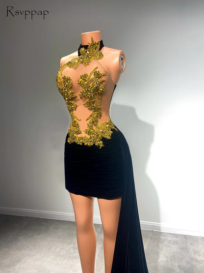 Sexy Women Cocktail Gowns High Neck Luxury Gold Crystals Velvet Mini