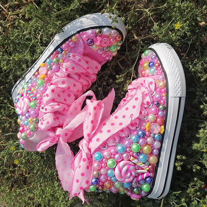Handmade Rhinestones Bling Girls Womens Kids And Mother Candy Canvas Shoes