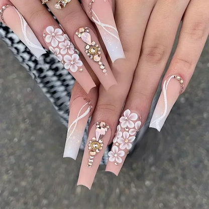 24Pcs White French False Nails Long Ballet Fake Nail with Pearl Bow Flower Design Press on Nails Pink Wearable Square Nails Set