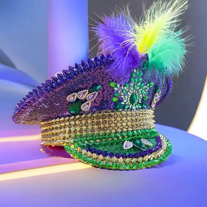 Mardi Gras Hat Chicken Feather Rhinestone Hen Do Hat Festival Captain Hat Steampunk Sergeant Headwear Music Festival Masquerade