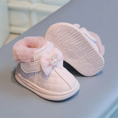 Winter Girl Baby Warm Cotton Boots Fashionable Bow Love Diamond Infant Kids Walking Shoes Cute Waterproof Boy Children Snow Boot