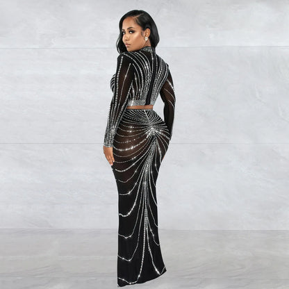 Rhinestone Mesh See Through Long Sleeve Cocktail Dress