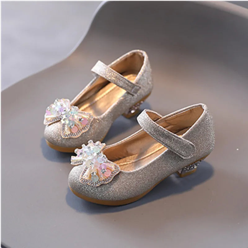 Kids Leather Shoe Sweet Princess Shoes for Girls with Rhinestone Bowtie Fashion Versatile Children's Shoes with Heels for Party