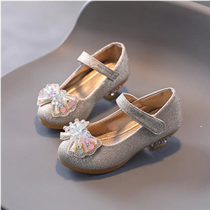 Kids Leather Shoe Sweet Princess Shoes for Girls with Rhinestone Bowtie Fashion Versatile Children's Shoes with Heels for Party