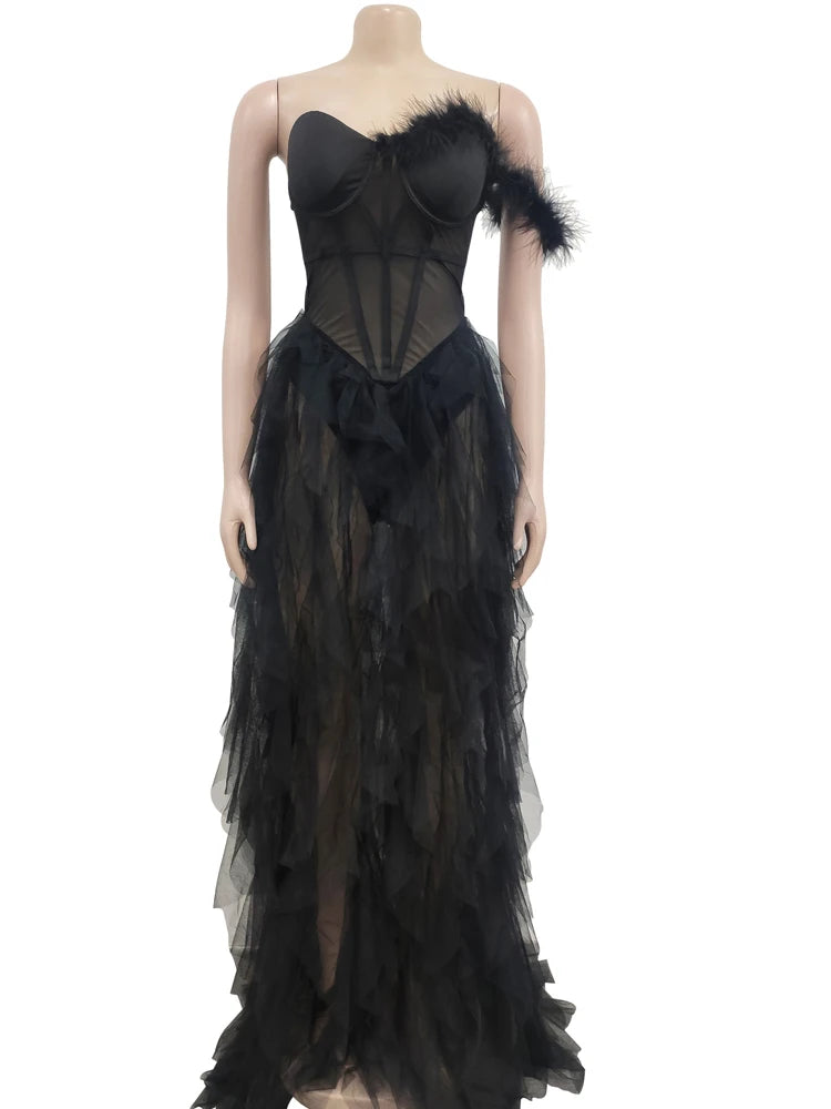 Ruffles Chffion Party Feather Maxi Dress