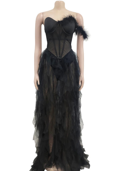 Ruffles Chffion Party Feather Maxi Dress