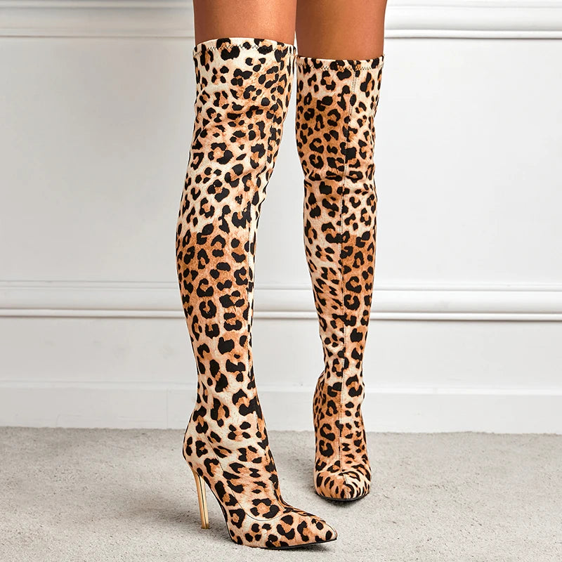 Aneikeh Over Knee Long Boots Sexy Leopard Fetish Strip Pole Dance Pointed Toe Thin Heels