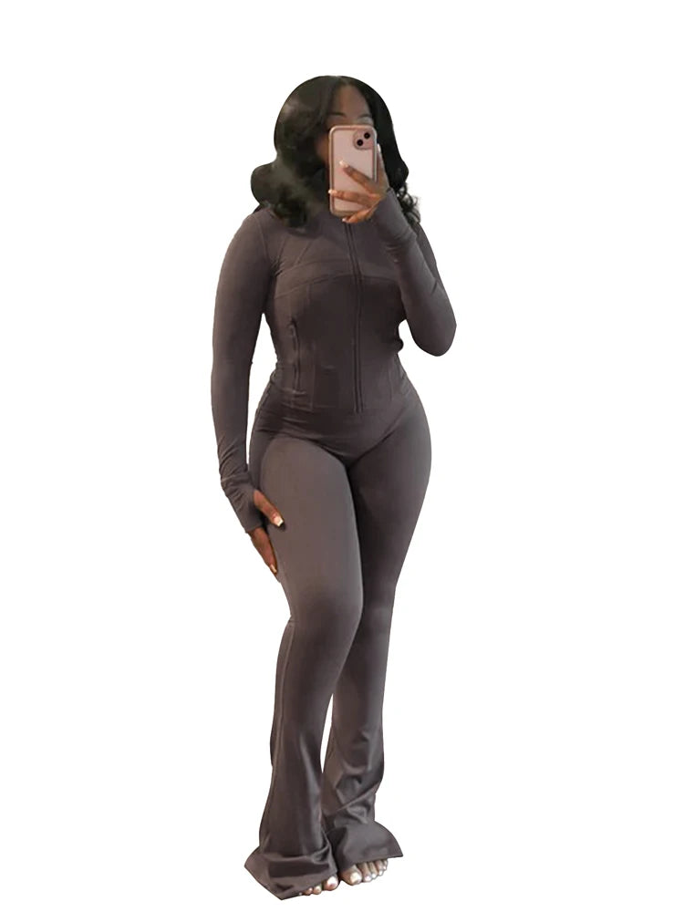 Women Clothes Two Piece Flared Pants Tracksuits Set