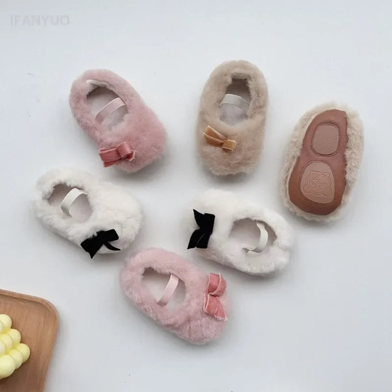 Autumn Winter Baby Dress Shoes Cute Ballet Style Todllers Walking Shoe Warm Cotton Korean Style Hairy Princess Shoes 0-18Months