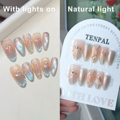 10Pcs Pink Handmade Press on Nails Full Cover Bow Tie Rhinestone Design