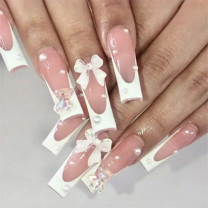 24Pcs Long Ballerina False Nails Press on Nails Serpentine Flower with Rhinestones French Fake Nails Wearable White Nail Tips