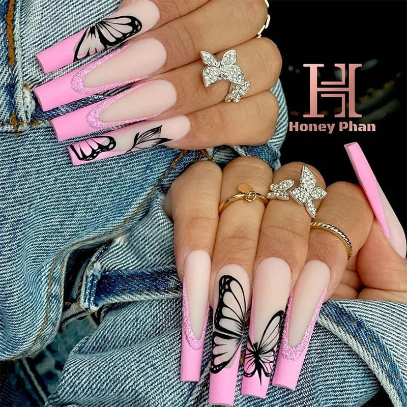 24Ps Super Long Ballet Wearable Fake Nails Blue Diamond Small Flower Press on Nail Stickers Finished Removable False Nail Pieces