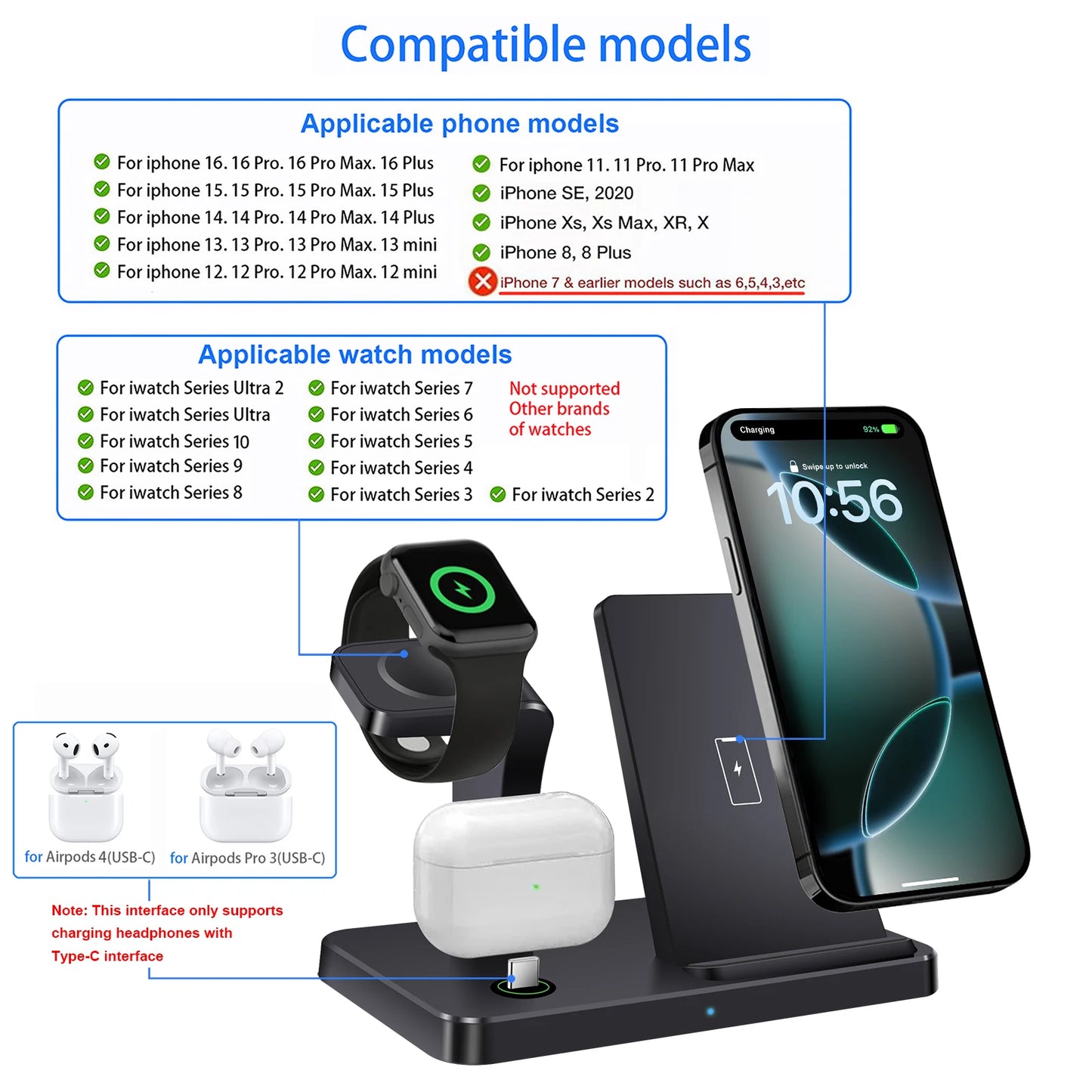 3 In 1 Wireless Charger Stand for iPhone 16 15 14 13 12 Pro Max Apple Watch 10 9 8 7 6 5 AirPods 3 4 Fast Charging Station Dock