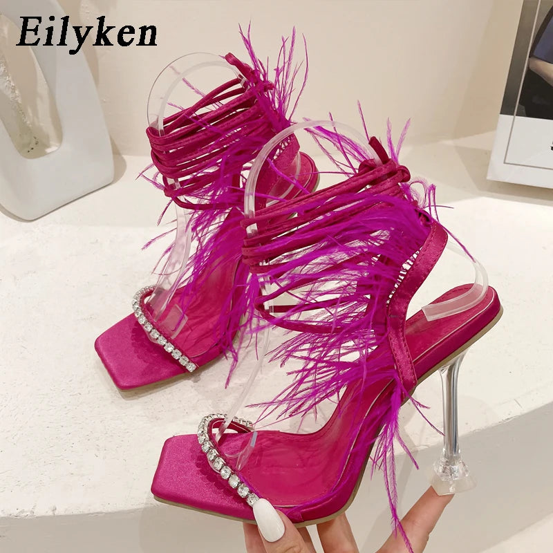 CRYSTAL Rhinestone Butterfly-knot Transparent Square Toe Women Sandals 2025