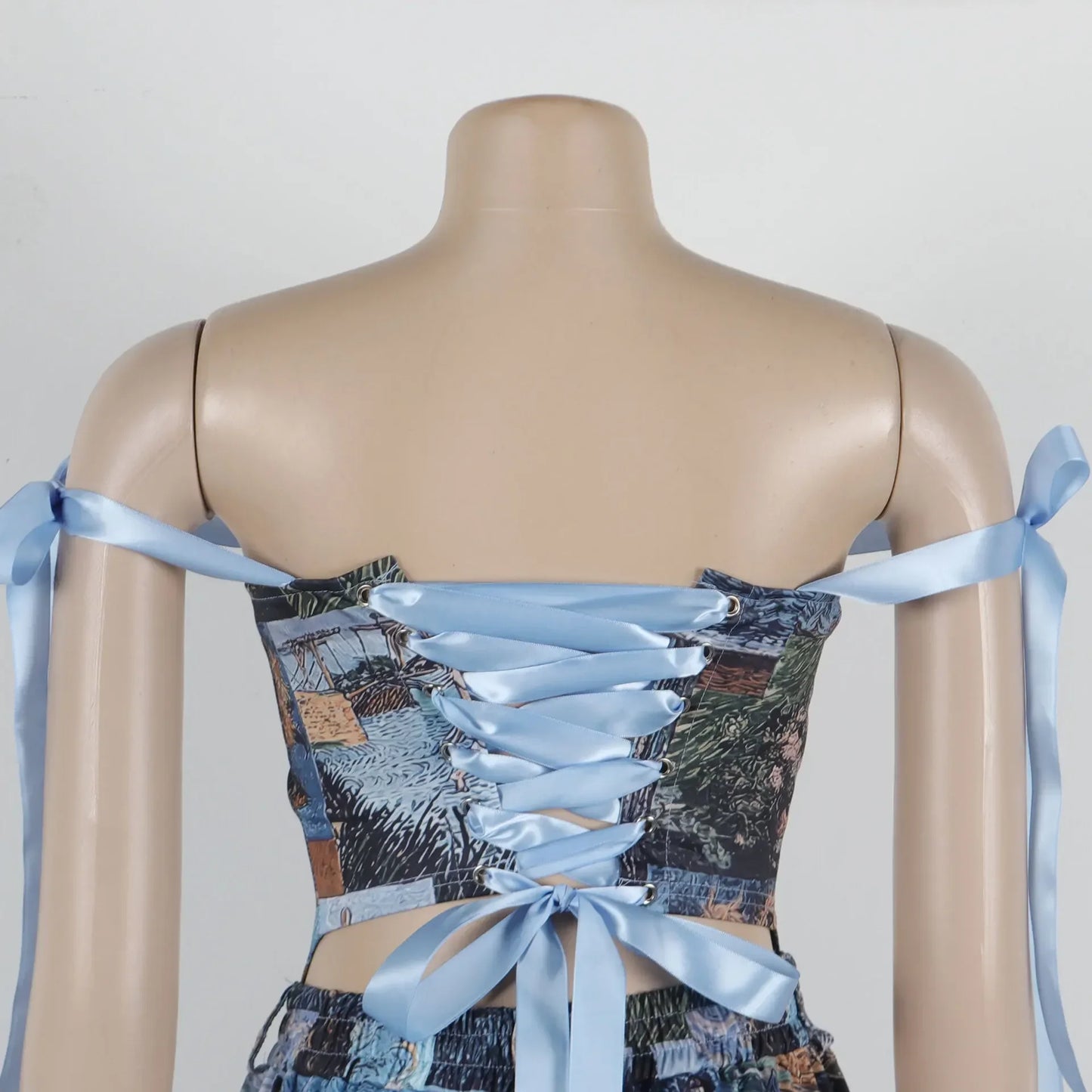 Oil Painting Printed Women's Set Lace Up Back Crop Top and Pants Suit