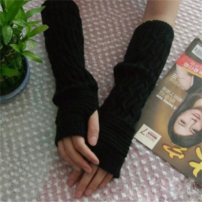 30cm Fingerless Gloves Women Winter Warm Arm Sleeve Knitted Arm Warmer Fine Mitten Casual Soft Goth Clothes Punk Gothic Gloves