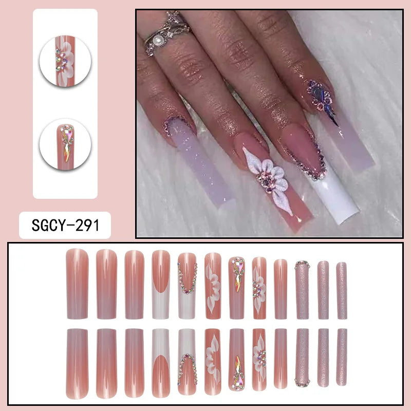 24 Piece Long Coffin Style Glossy Gradient&flower Pattern 3D Rhinestone Decoration Complete Set of Abs Fake Nail Set