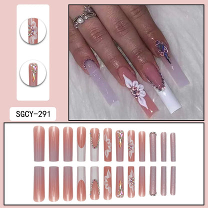 24 Piece Long Coffin Style Glossy Gradient&flower Pattern 3D Rhinestone Decoration Complete Set of Abs Fake Nail Set