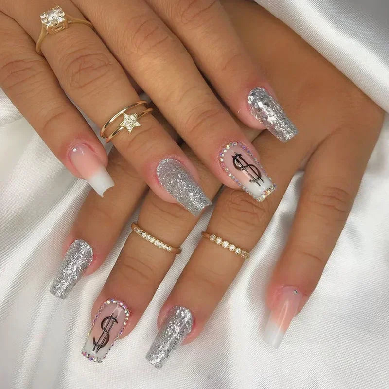 24Pcs Brown Long Coffin False Nails Glitter Ballet Wearable with French Design Fake nails Full Press on Nail Ins Nail Tips Art