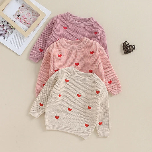 Lioraitiin 0-18M Baby Girl Knit Sweater Love Heart Embroidery Sweatshirt Pullover Tops Infant Valentine's Day Clothes