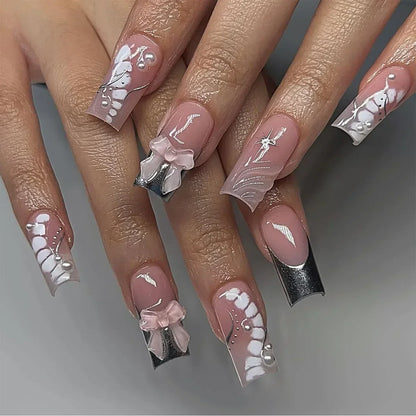 24Pcs Long Ballet False Nails Pink Butterfly with Rhinestones French Design Wearable Fake Nails Glitter Press on Nails Tips Art