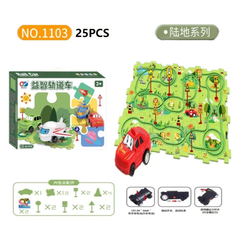 Kids puzzle rail car DIY assembly electric trolley automatic rail city scene building puzzle toys