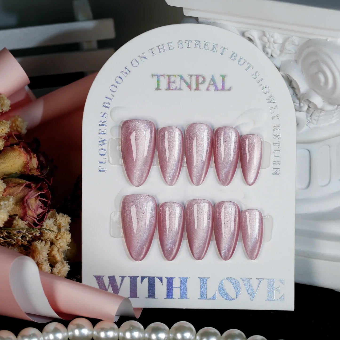 10Pcs Handmade Almond Press on Nails Medium Moonlight Pink Nail